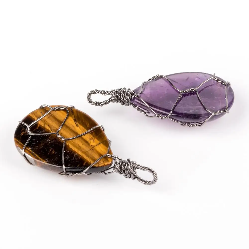 

2020 Retro Style natural crystal Pendant Manual winding Creative rough stone water drop shaped Bound necklace for women Jewelry