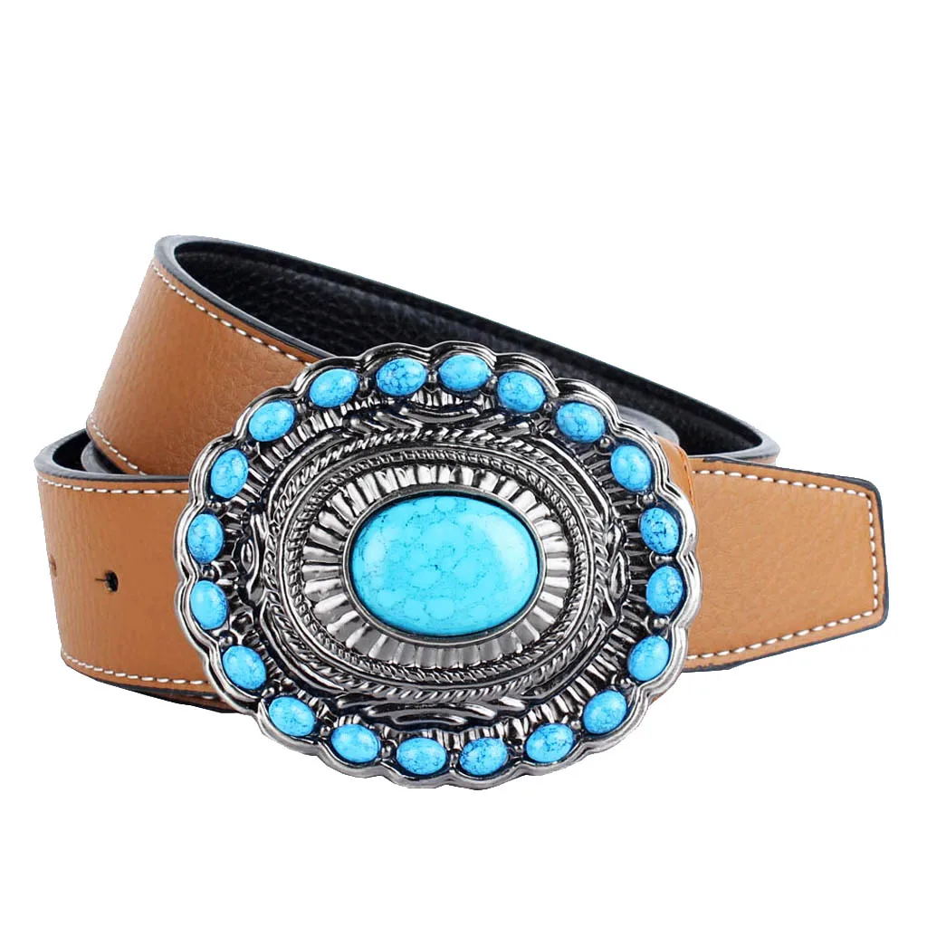 Bohemian Western Cowboy PU Leather Strap Belt Gemstone Buckle Belt