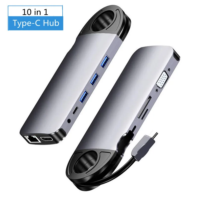 

10-In-1 USB Type C Hub RJ45 Full Function HUB with PD 4K HDMI VGA USB 3.0 Ports SD/TF Card Reader USB-C Power for MacBook Pro
