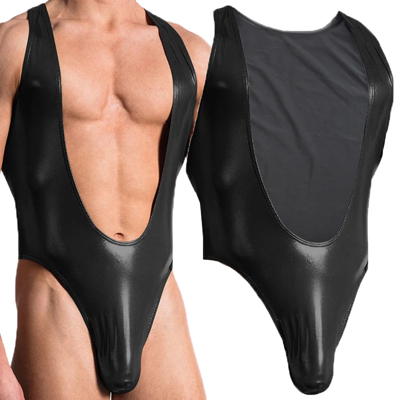 

Sexy Men Bodysuits Leotard Jockstrap PU Leather Bugle Pouch Jumpsuits Latex One-piece Gay Clubwear Singlet Undershirts Plus Size