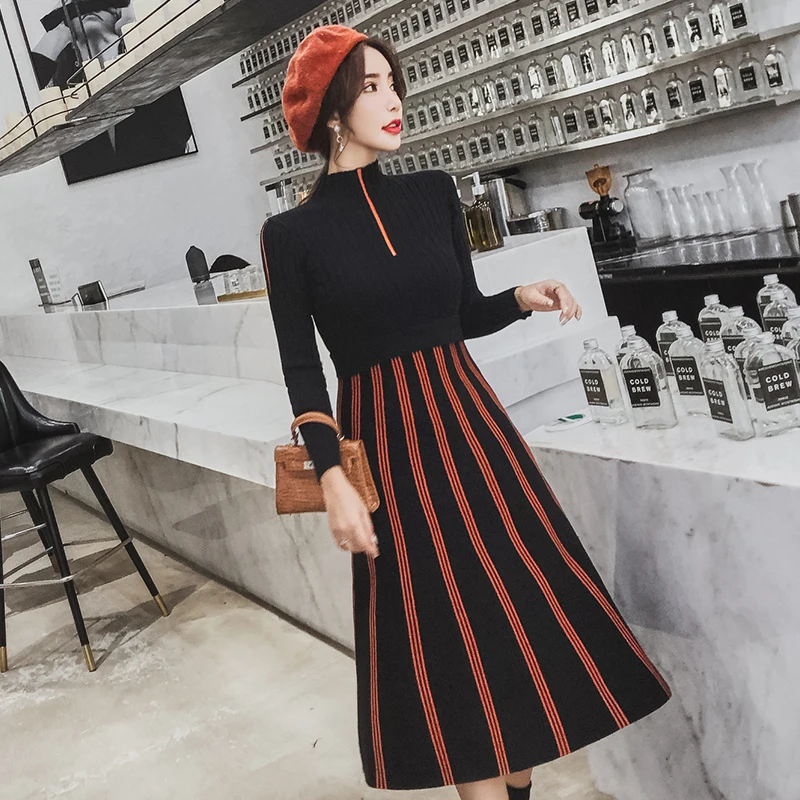 

Knitted Patchwork Fit And Flare Striped Sweater Dresses Women's Turtleneck Elegant Full Sleeve Winter Maxi Dress For Girls