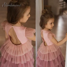 Gardenwed A-line Lovely Pink Flower Girl Dresses Kids Gradient Tulle Layers Prom Dress Backless Tulle Sleeve Celebrity Dresses