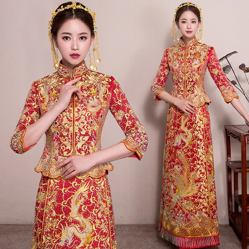 Overseas Chinese Bride Wedding Dress Slim Cheongsam Chinese Style Marriage Set Exquisite Costume Oriental Toast Clothing new cascading style wedding flowers waterfall lily of the valley tulip holding fake bouquet for marriage buquê de noiva