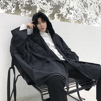 

Spring Autumn Mens Black Loose Trench Coat Oversize Batwing Sleeve Hooded Large Free Size Outwear Thin Free Shipping C53