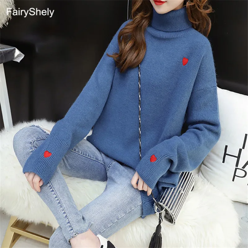 Blue Sweater FairyShely, повседневный кашемировый свитер для женщин, зимний теплый джемпер, свободный толстый свитер с высоким воротом, вязаный пуловер, Топ для женщин - Цвет: Blue Sweater