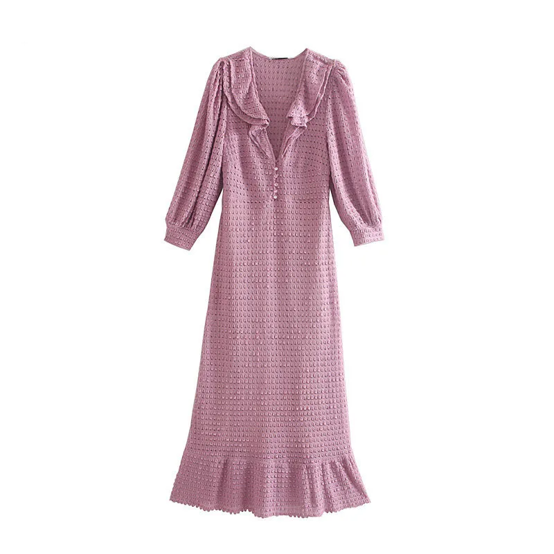 

Knitted Women Dress V-Neck Ruffles Slim Elegant Dresses Fall Three Quarter Sleeve Maxi Dress Women Textured Sexy Chic Dress