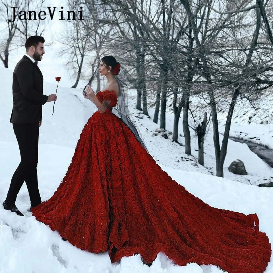 

JaneVini великолепные темно-красные длинные свадебные платья с открытыми плечами 3D розы с открытой спиной Роскошные в арабском стиле Свадебные платья с соборным шлейфом
