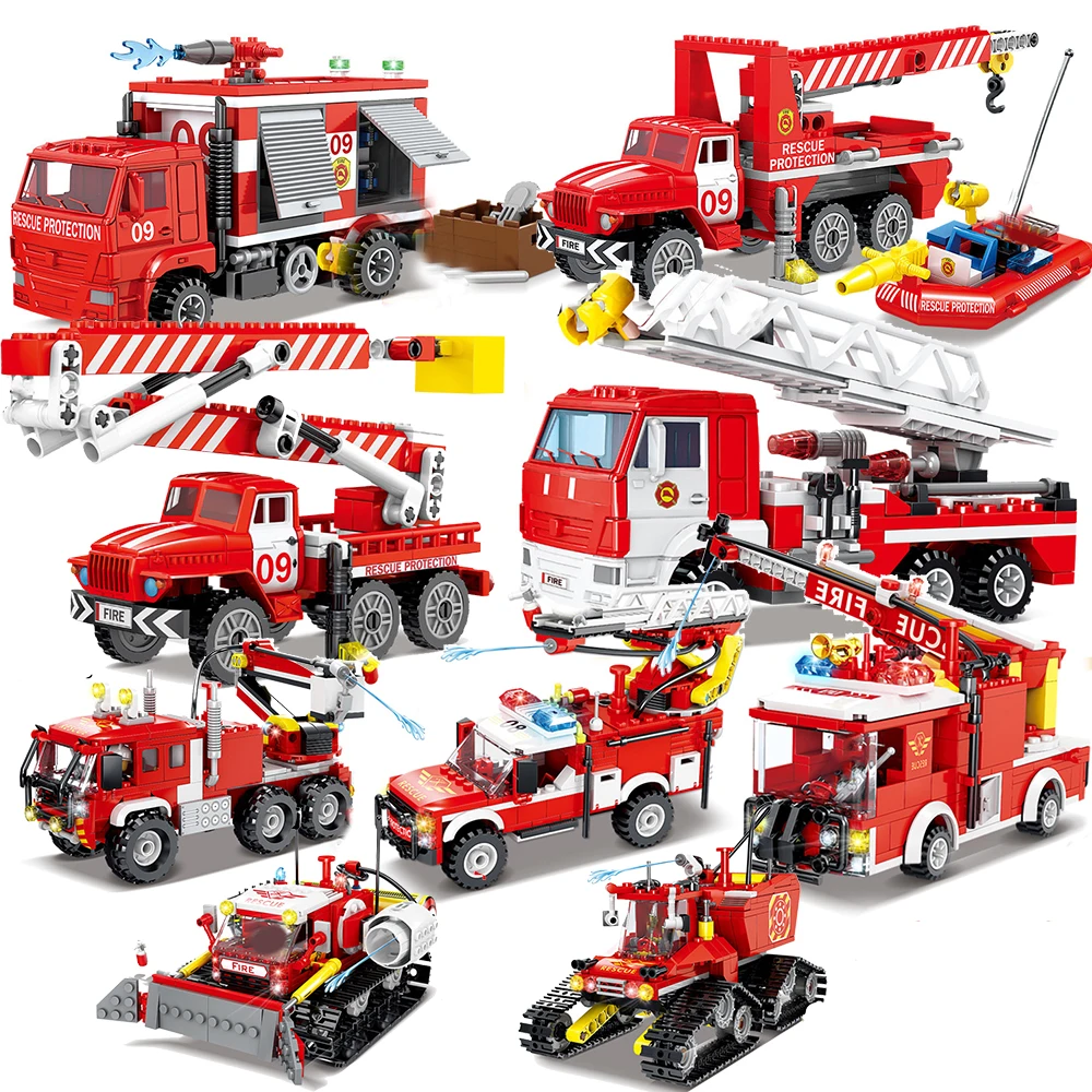 City Firefighter Fire Bridge Engine Ladder Truck Sets Building Blocks Model Bricks Kits Creator Rescue Helicopter Car Vehicle
