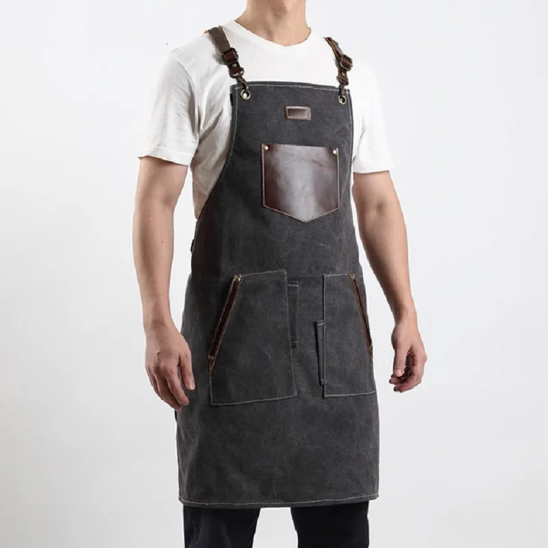 A016 New Tool Canvas With Leather Kitchen Apron Double Shoulder Straps