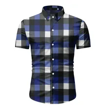 KISSQIQI Men Summer Short Sleeve Plaid Shirts Fashion Men Casual Shirts Polyester  Slim Fit Shirts Maximum  Asian Size M-3XL