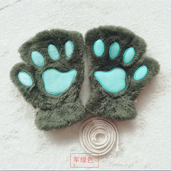 1 Pair Women Girls Fluffy Glove Bear Cat Plush Paw Claw Half Finger Gloves Mitten Winter Warm Fingerless Gloves - Color: 12