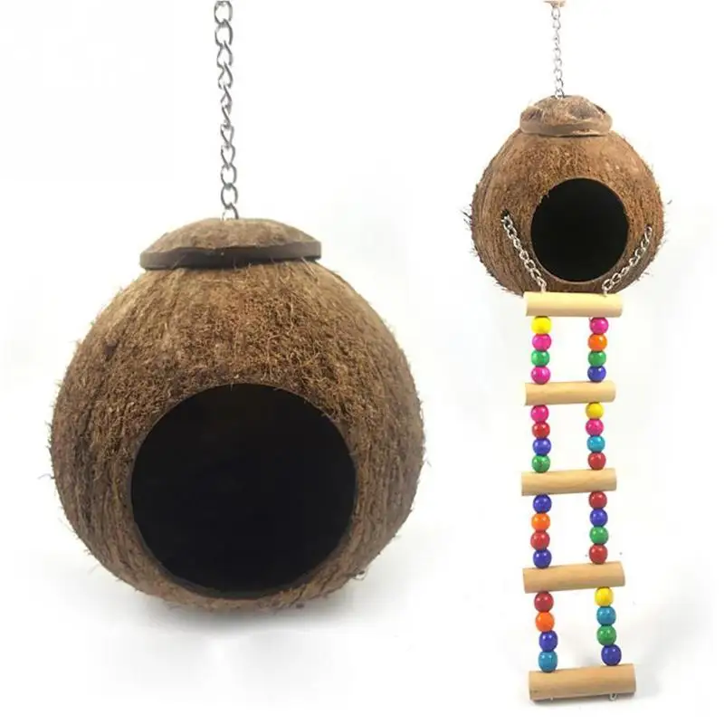 Natural Coconut Shell Bird Nest House Hut Cage Feeder Pet Parrot with Hanging Lanyard Hanging Toy