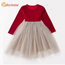 Babyinstar; Детские платья для девочек в стиле пэчворк; праздничный костюм из сетчатой ткани с блестками; одежда с длинными рукавами для маленьких девочек; сезон весна-осень