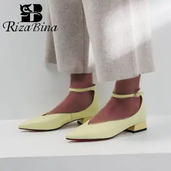 

RIZABINA Women Flats Shoes Fashion Pointed Head Buckle Shoes Women Thick Heels Real Genuine Leather Casual Footwear Size 34-39