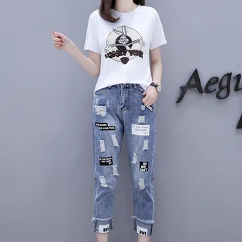 2021 Summer 2 Pieces Jeans Suits Women  Printing Hot Drilling T-Shirts + Calf-Length Denim Ripped Pants Sets Tracksuit Set 1
