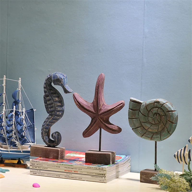 

Mediterranean Style Wood Crafts Starfish Conch Seahorse Figurines Wood Carving Miniatures Home Decor Living Room Ornaments