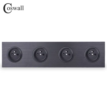 

Coswall Black / Silver Grey Brushed Aluminum Metal Panel Quadruple French Wall Socket Grounded With Children Protective Door
