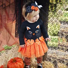 Осенняя одежда для девочек хлопковая рубашка с принтом кошки на Хэллоуин Топы+ юбка-пачка с бантом, платье зимняя одежда для маленьких девочек модная одежда с длинными рукавами