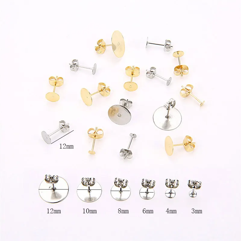 20/50pcs Stainless Steel Earring Post Finding Blank Base 10mm 12mm Cabochon Settings Back Stopper Jewelry Making | Украшения и
