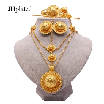 Ethiopian gold plated bridal Jewelry sets Hairpin necklace earrings bracelet ring gifts wedding jewellery set for women