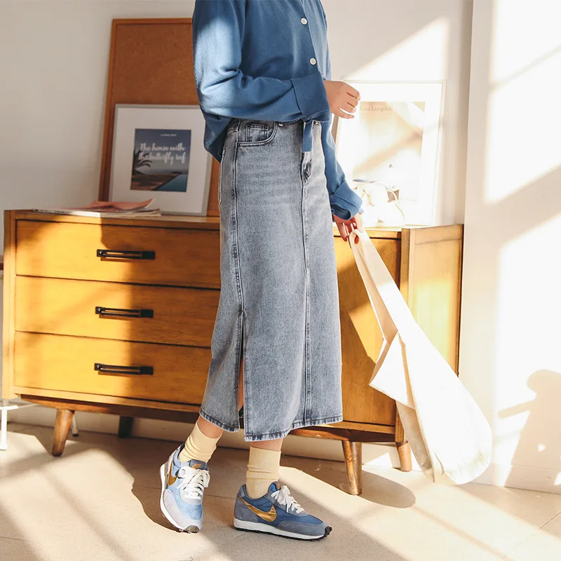 

2020 Spring And Summer New Style Denim Skirt Women's Tennis Red Slit Hemline at Hem Korean-style High-waisted Mid-length A- line