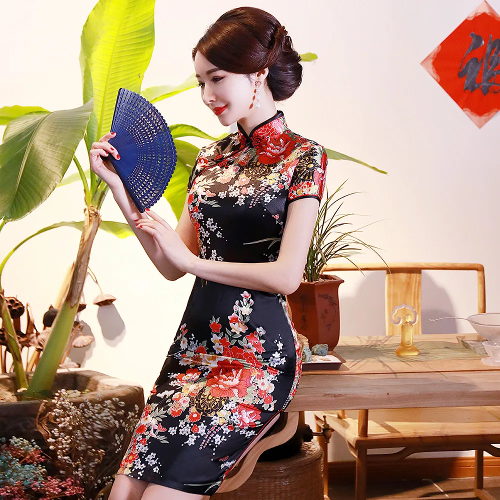 Short Style Satin Silk Chinese Traditional Dress for Women Tight Bodycon Female Cheongsam Qipao Oriental Kimono Bath Robe Gown