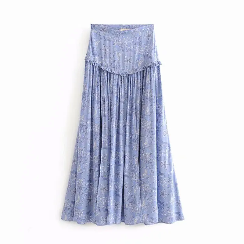 

2018 Western Style Spring And Summer Women's Dress New Blue Color Five-pointed Star Printed Frilled Slit High Waist Skirt
