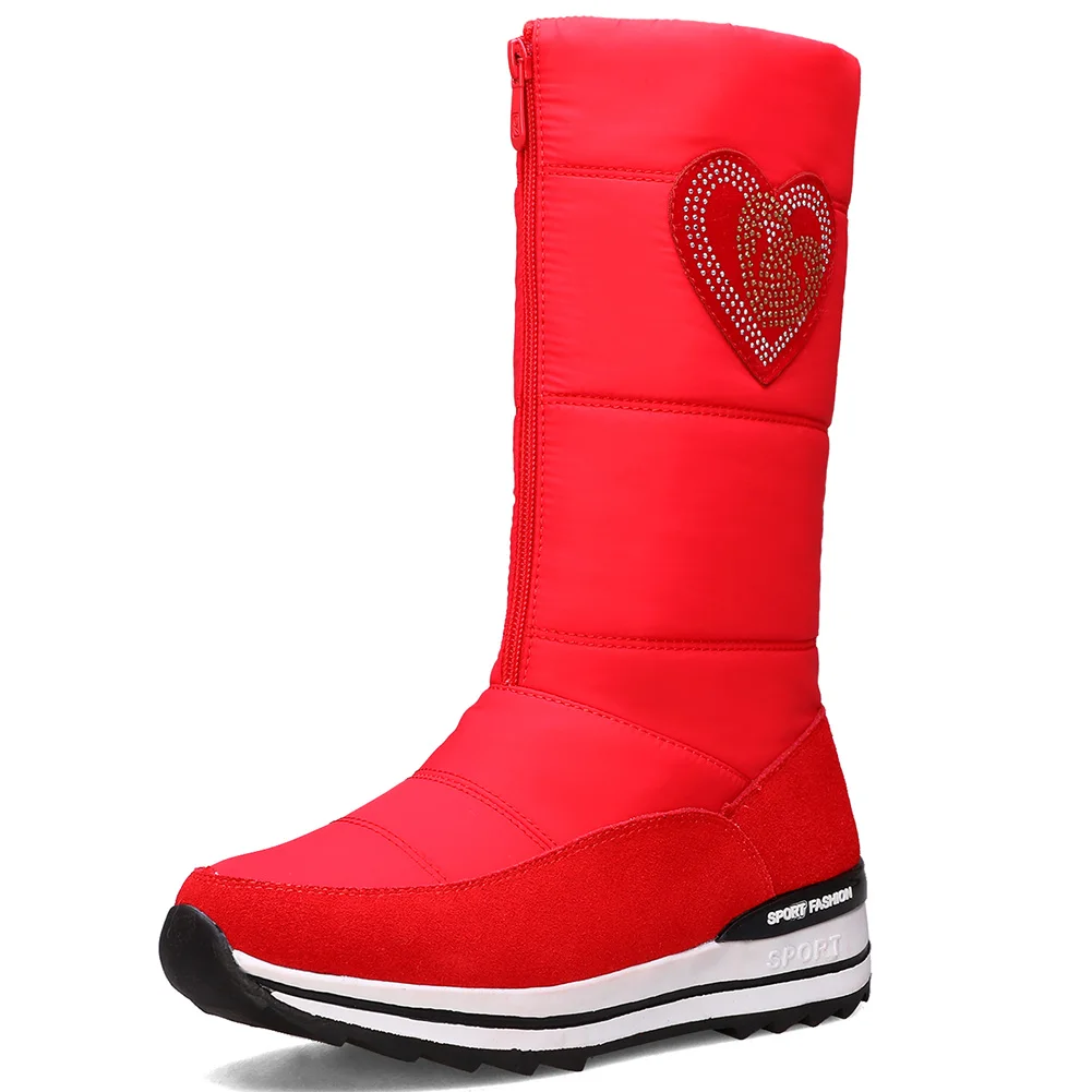 RIBETRINI/модные женские зимние ботинки Удобная зимняя обувь на меху со стразами и сердечками на толстой подошве женские ботинки на платформе - Цвет: Красный