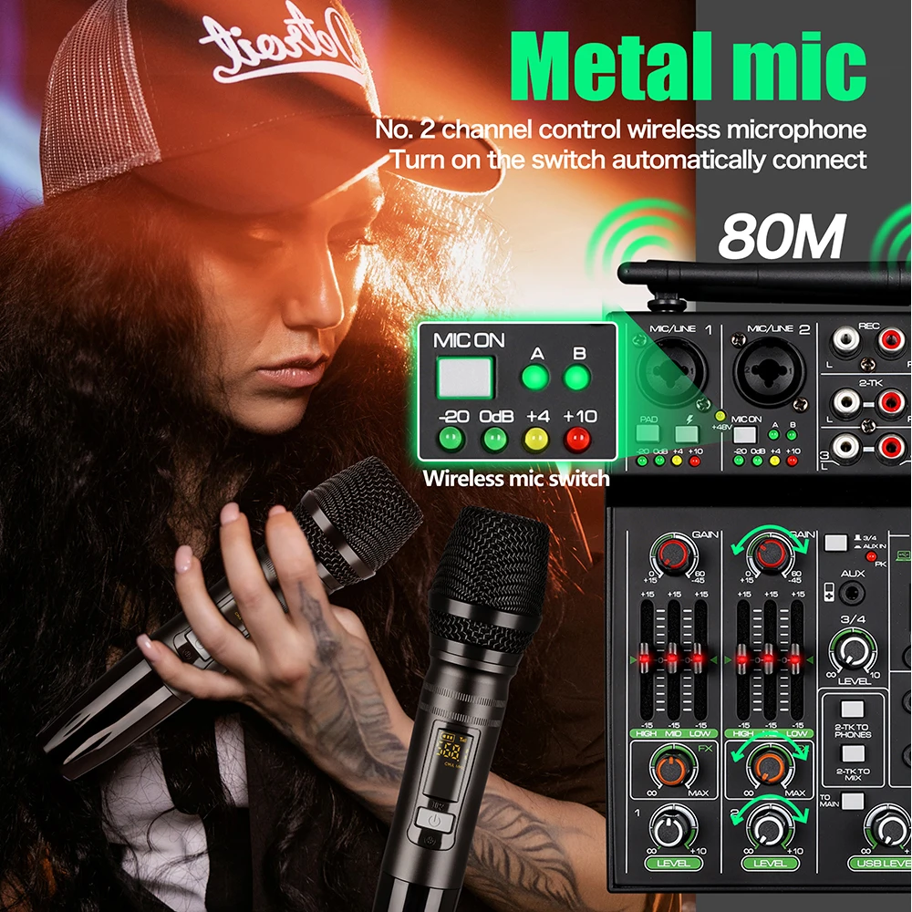 Misturador de Áudio com Microfone sem Fio Misturadores com Bluetooth Mistura para Karaoke Canais Estúdio Rec dj Console 4 Usb Som - Image 5