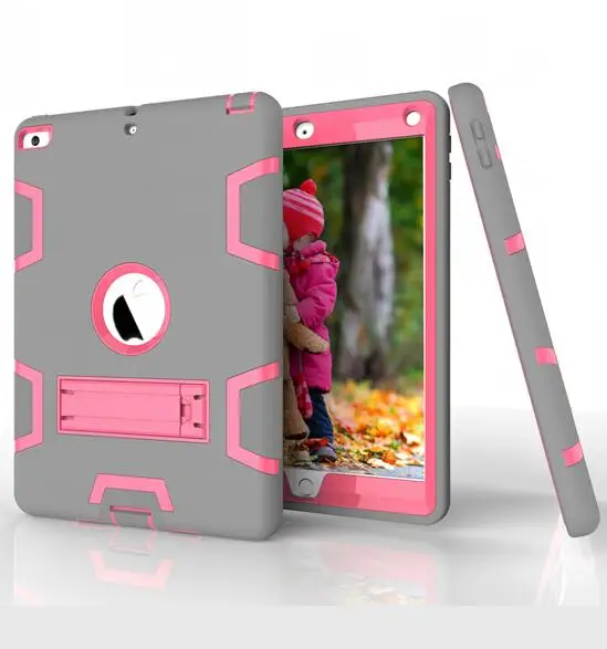 Чехол для iPad 9,7 6th iPad 9,7 5 thTablet, детский безопасный сверхмощный силиконовый Жесткий противоударный Броня Гибридный трехслойный стенд - Цвет: grey rose red