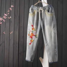 Новое поступление, летние женские свободные повседневные джинсовые Капри с эластичной резинкой на талии, винтажные хлопковые джинсовые шаровары с цветочной вышивкой S496