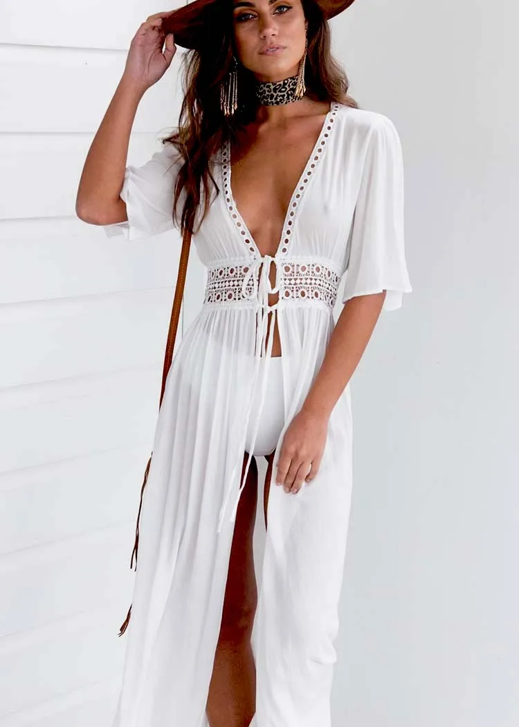 Dropshipping Bikini Cover Up Beach Long Maxi Dress Women Tunic Pareo White V Neck Dress Robe Swimwear Bathing Suit Beachwear Beach Robe Cover Up