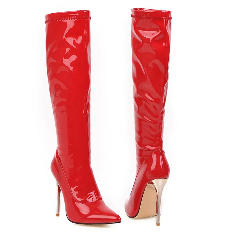 Sgesvier Women Knee High Boots Red Black White Patent Leather Stiletto Heel Pointed Toe Winter Plush Sexy Lady Zipper Long | Обувь