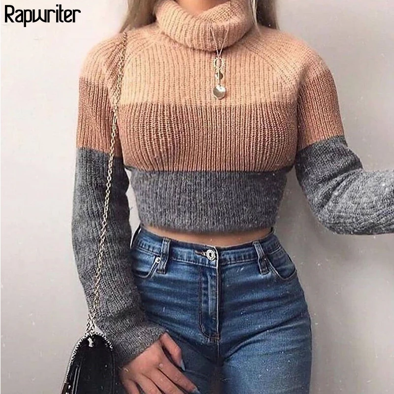 

Rapwriter Autumn Winter Panelled Knitted Short Sweaters Women 2019 New Oversize Pullover Turtleneck Minimalist Loose Warm Tops
