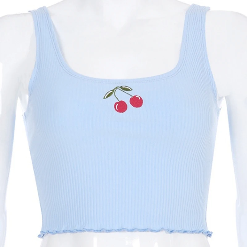 Women Sexy Vest Small Fresh Embroidered Pit Summer Square Collar Tank Tops Sleeveless Cherry Printed Casual Vest Tanks - Цвет: Синий