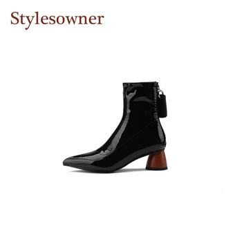 

New Fashion Autumn Winter Sequined Thick-heel Side Zipper Women Boots Pointed High-heels Temperament Martin Boots Black White