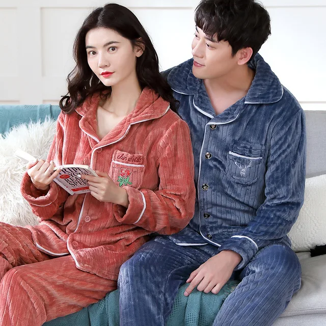 Winter Thick Warm Soft Flannel Pajama Sets for Men Lovers Couple Long Sleeve Coral Velvet Sleepwear