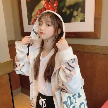 

Cartoon Pattern Hoodies Zipped Women Pocket Coat Casual Drawstring Sweatshirts Female Long Sleeve Outwear TT1