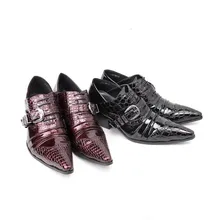 

Wedding Personality Buckle Mens Wine Red Shoes High Heels Pointed Casual Business Leather