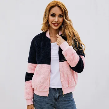 

Patchwork Teddy Coat Women Long Sleeve Zipper Pocket Faux Fur Coat Women Fluffy Jacket 2019 Autumn Winter Warm Ladies Tops