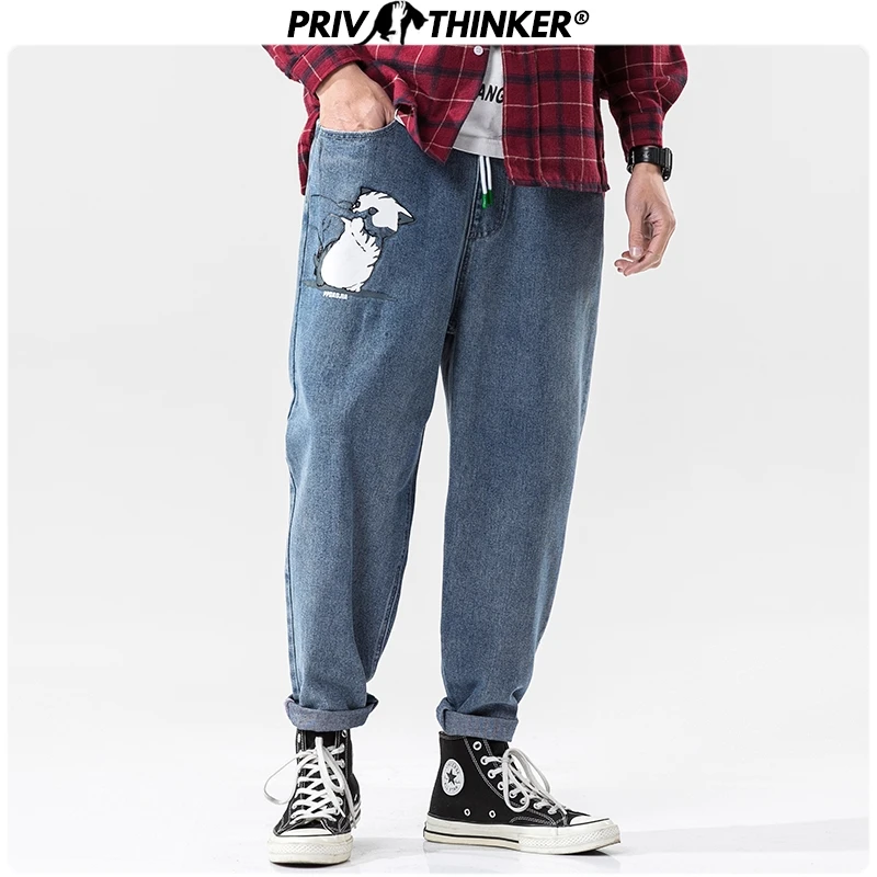 Privathinker Для мужчин с милым рисунком кота джинсовые юбки принтом штаны шаровары
