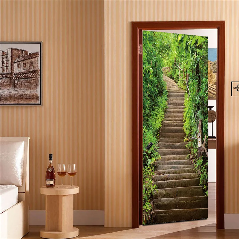 Обои с изображением лестницы для двери, деревянные самоклеящиеся наклейки на дверь, разные размеры, домашний декор, настенный плакат, настенная роспись