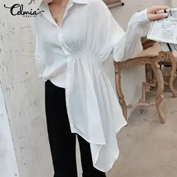 

2020 Women Casual Blouses Celmia Ruffled Long Sleeve Shirts Asymmetric Solid Office Blusas Buttons Plus Size 5XL Tops Femininas