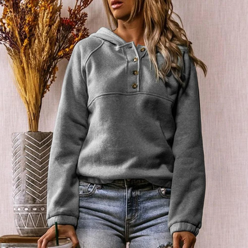 Sudadera con capucha para mujer, manga larga, botones, botones, semiabiertas, informal, cómoda, Color sólido, Otoño e Invierno|Sudaderas con capucha y sudaderas| - AliExpress