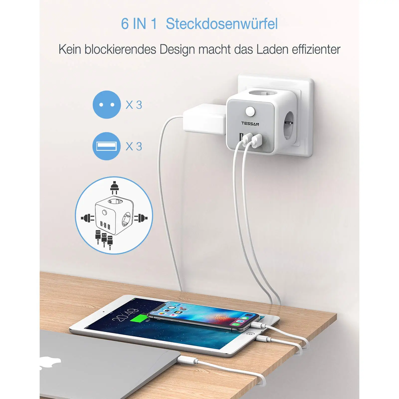 TESSAN PowerCube  Ʈ, USB  EU ÷  Ȯ, ġ , 3 ܼƮ  3 USB  Ʈ,  