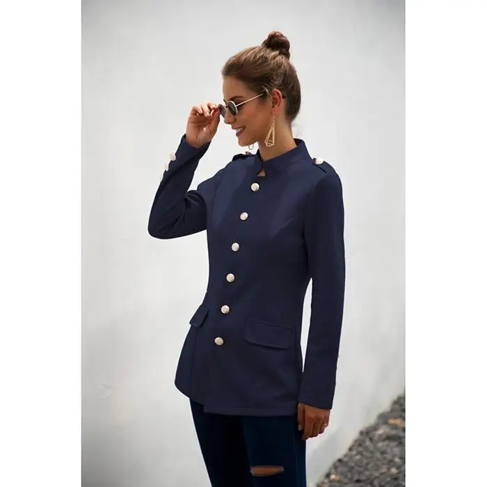 Женская мода Slim Fit одна грудь Кнопка стенд Повседневный воротник карманы повседневный костюм пиджак однотонный осенний