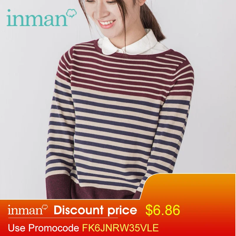 INMAN Women Spring Autumn NEW All-match Casual O-Neck Striped Pullover Sweater Long Sleeve Knitting Tops | Женская одежда