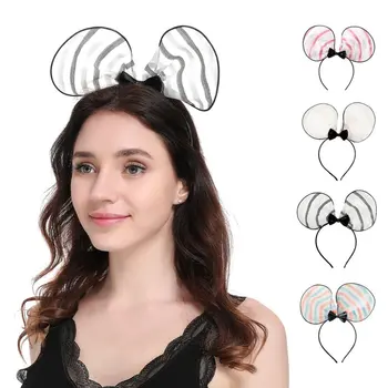 

Women Girls Adult Children Cute Parent-child Series Mickey Ears Headband Mesh Stripe Contrast Color Large Bow Fabric Headband!!