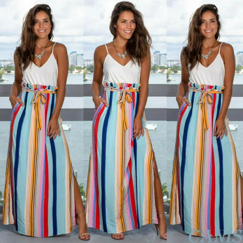 Новые стильные женские юбки Boho в полоску, с высокой талией, длинная юбка, вечерние, пляжные, бандажные, с карманом, с разрезом, с бантом, модные, хит