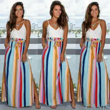 Новые стильные женские юбки Boho в полоску, с высокой талией, длинная юбка, вечерние, пляжные, бандажные, с карманом, с разрезом, с бантом, модные, хит